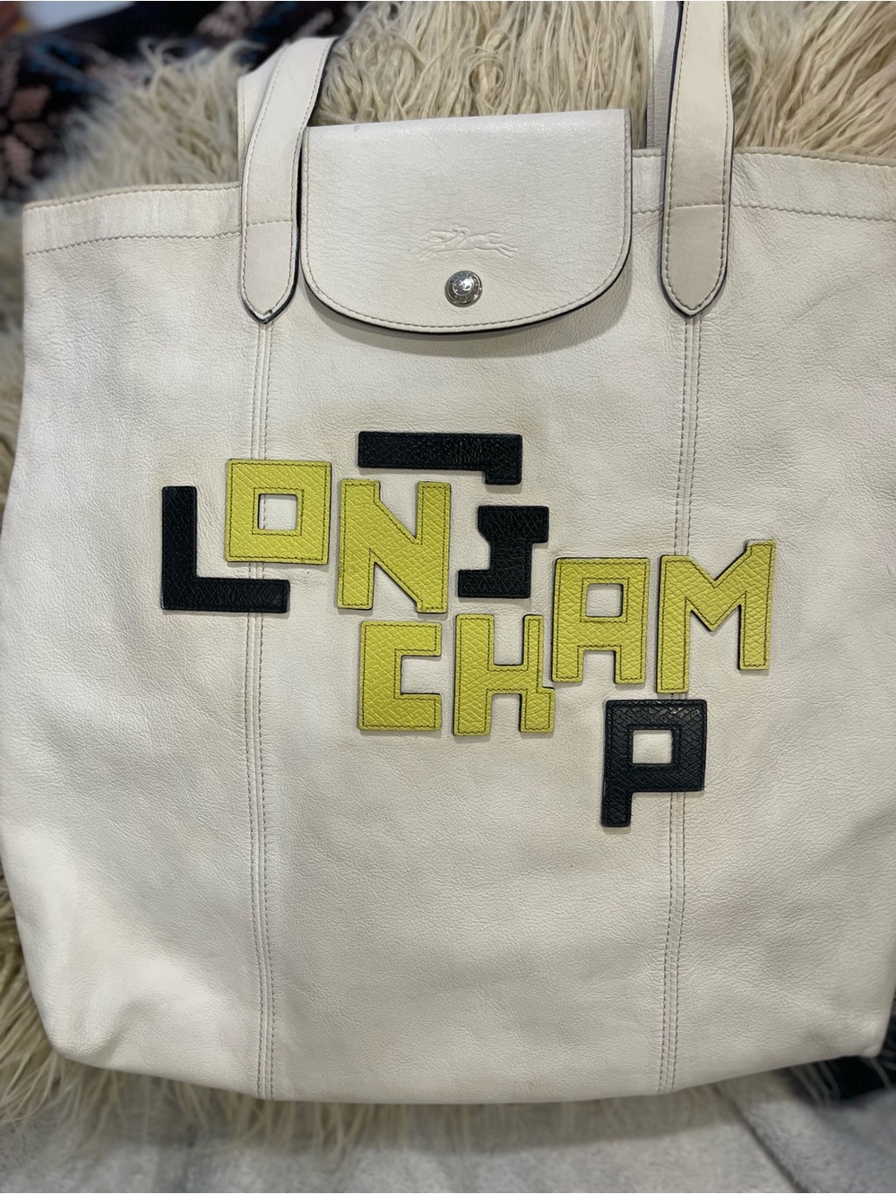 Longchamp White Leather Tote with Yellow and Black Appliqué